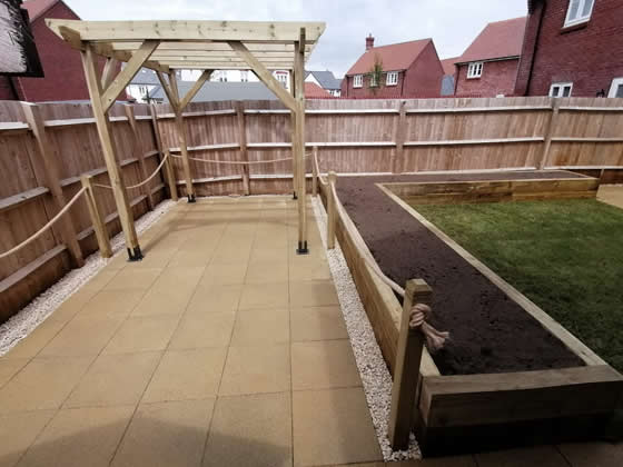 landscaping project with pergola, sleeper beds, patio. Dorset, Wiltshire and Hampshire
